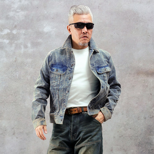 西里布蓝染做旧短款灯芯绒夹克衫