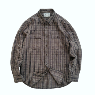 非rrl 复古咖啡色亚麻咔叽休闲新品 kapita 格子条纹衬衫 西里布美式