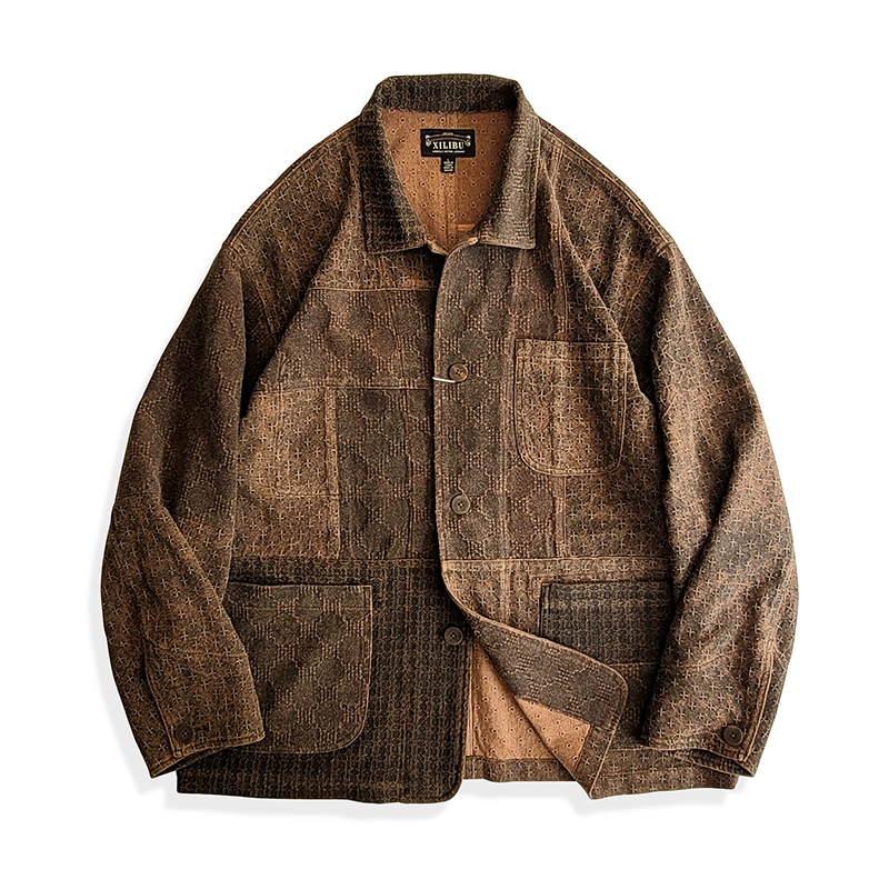 西里布翻领春秋宽松刺子拼接外套