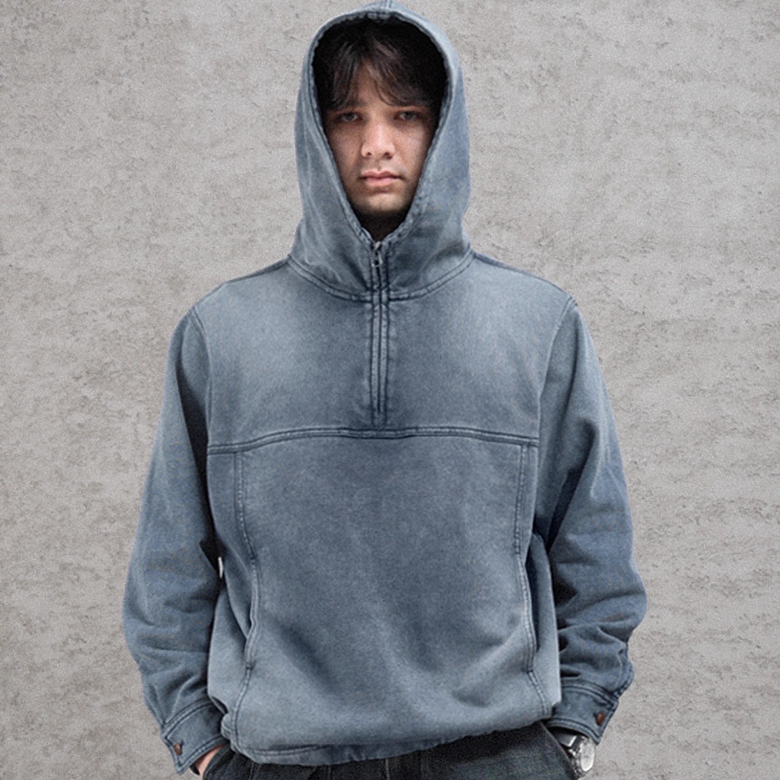 抽绳半拉链卫衣连帽帽衫