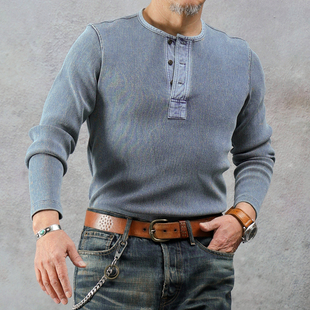 T恤男靛蓝水洗磨白休闲打底衫 西里布420克重磅美式 复古亨利领长袖