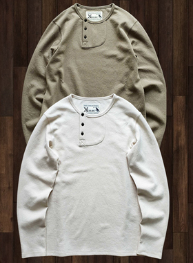 西里布纯棉亨利领长袖T恤男士偏领杏色咔叽复古休闲小众新品非rrl