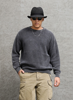 西里布纯棉线套头休闲毛衣拔染做旧长袖针织衫咔叽复古新品 非rrl