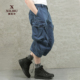大口袋休闲中裤 西里布蓝染提花廓形弯刀七分裤 日系复古宽松短裤