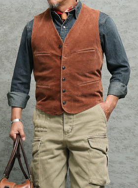 西里布美式复古砖红色灯芯绒马甲男硫化染水洗条绒坎肩背心非RRL