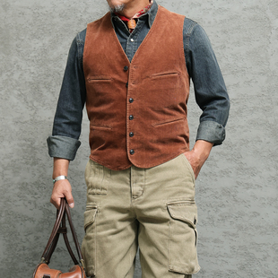 西里布美式 复古砖红色灯芯绒马甲男硫化染水洗条绒坎肩背心非RRL