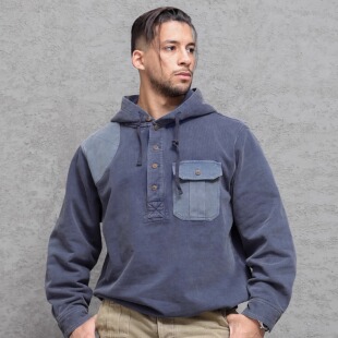 西里布咔叽复古亨利领宽松连帽卫衣男全棉毛圈水洗拔染做旧非rrl