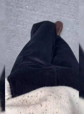 高腰直筒藏蓝色条绒休闲裤简约通勤小个子炸街洋气灯芯绒烟管裤女
