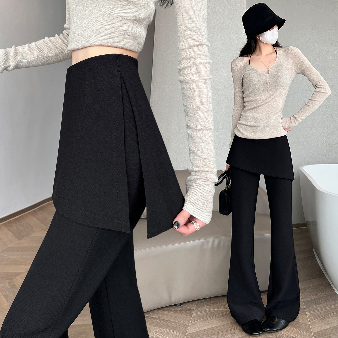 假两件微喇叭裤女2026春夏新款高腰显瘦马蹄裤休闲西装裤