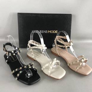 铆钉罗马凉鞋 SATURDAYMODE女鞋 一字扣带平底时尚 正品 撤柜处理夏季