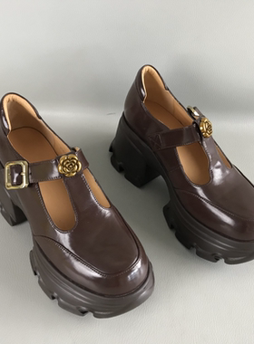 35.39码手工女鞋正品断码撤柜春夏一字扣带厚底真皮英伦风乐福鞋