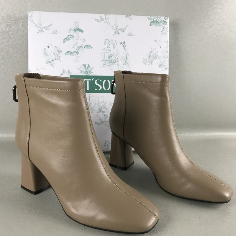 PT'SON/百田森女靴断码撤柜秋冬法式风羊皮时装靴百搭高跟短靴子