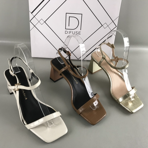 D：Fuse/迪芙斯正品女鞋撤柜夏季一字扣带真皮时尚百搭粗高跟凉鞋