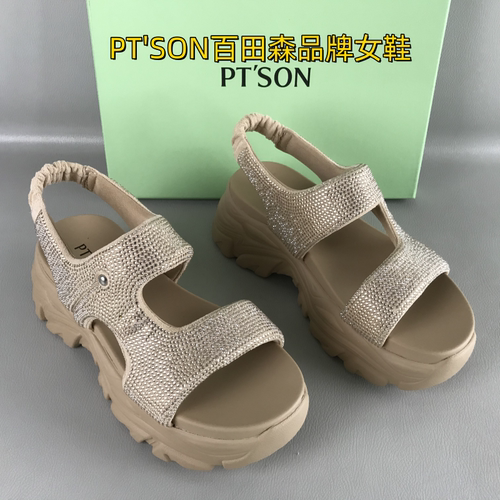 PT'SON百田森女鞋撤柜处理夏季时尚烫钻松糕厚底百搭休闲沙滩凉鞋