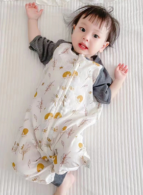 BeamKuma薄款婴儿双层短袖儿童竹棉纱布睡袋宝宝分腿防踢被夏季