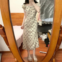 法式米色波点立体花朵连衣裙子女夏季新款收腰显瘦修身无袖裙长裙
