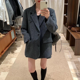 韩版通勤毛呢西装套装女秋冬季廓形外套短裙两件套显瘦气质