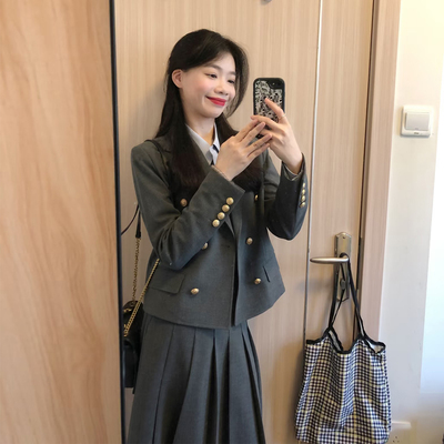 小个子复古通勤西装百褶裙两件套