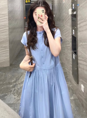 法式蓝色短袖衬衫连衣裙女夏季新款高级感大方得体收腰显瘦长裙子