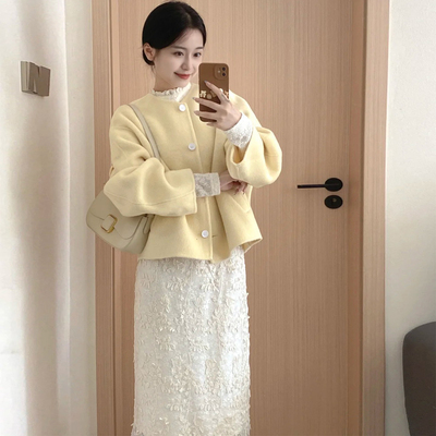 小个子千金风黄色短款毛呢外套女