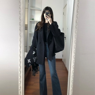 韩系复古黑色双排扣毛呢外套女小个子中长款西装领呢子大衣高级感