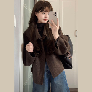 短款棕色毛呢外套女小个子高级感系带收腰宽松廓形呢子大衣秋冬季