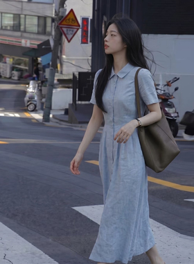韩系气质蓝色衬衫连衣裙女夏季小个子单排扣简约显瘦长裙休闲风