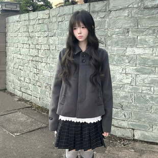 日系学院风短毛呢外套女 翻领单扣宽松显瘦深灰小个子呢子上衣