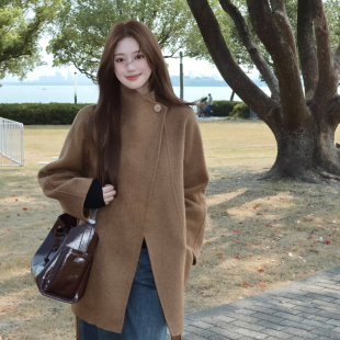 韩系立领单扣毛呢大衣女 系带收腰中长款呢子外套气质通勤上衣