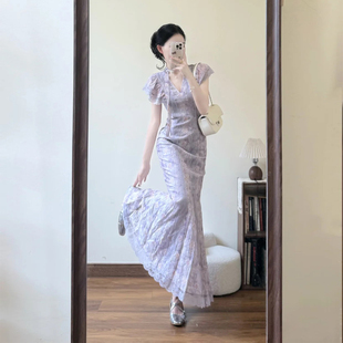 新中式紫色蕾丝连衣裙女夏修身鱼尾长裙V领飞飞袖气质显瘦礼服裙