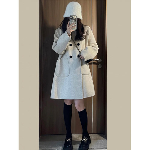 复古撞色翻领呢子大衣女中长款