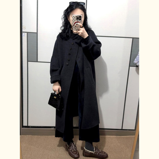 复古黑色廓形毛呢大衣 简约无领长款呢子外套女秋冬氛围感