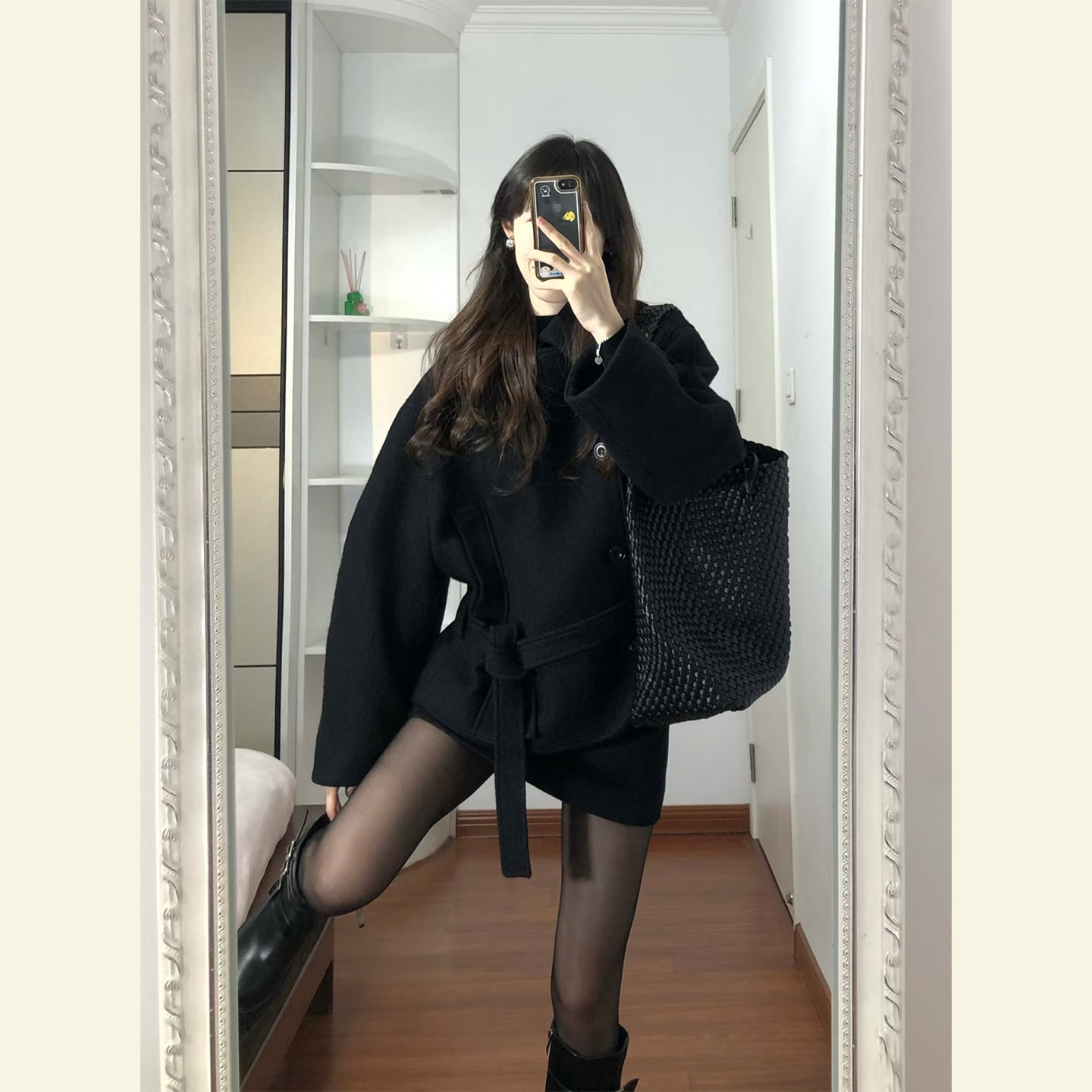 黑色系带收腰毛呢外套短款半裙两件套女秋冬高级感显瘦小个子套装,女装/女士精品,时尚套装,淘宝优惠券,粉丝福利购,淘宝优惠卷