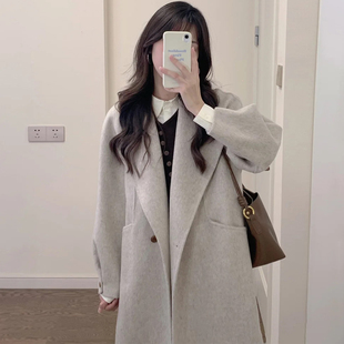 设计感温柔风燕麦色毛呢外套女韩版中长款显瘦小个子高级感大衣