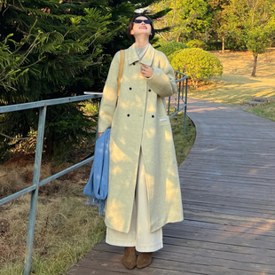 高级感抹茶绿双排扣呢子大衣女秋冬装韩版小个子宽松显瘦毛呢外套