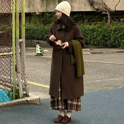 中长款单排扣松弛感翻领呢子大衣