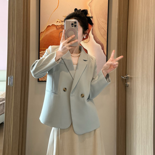 韩系双排扣蓝色西装外套女中长款小个子气质通勤职业装西服上衣