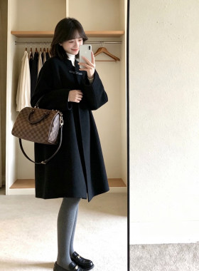 黑色新中式盘扣中长毛呢大衣女