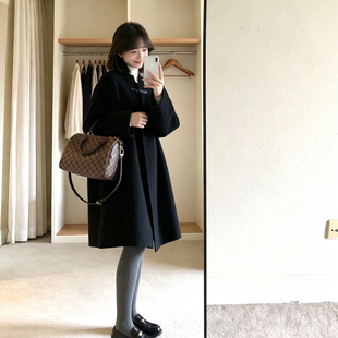 黑色新中式盘扣呢子大衣女 中长款宽松小个子韩系毛呢外套秋冬