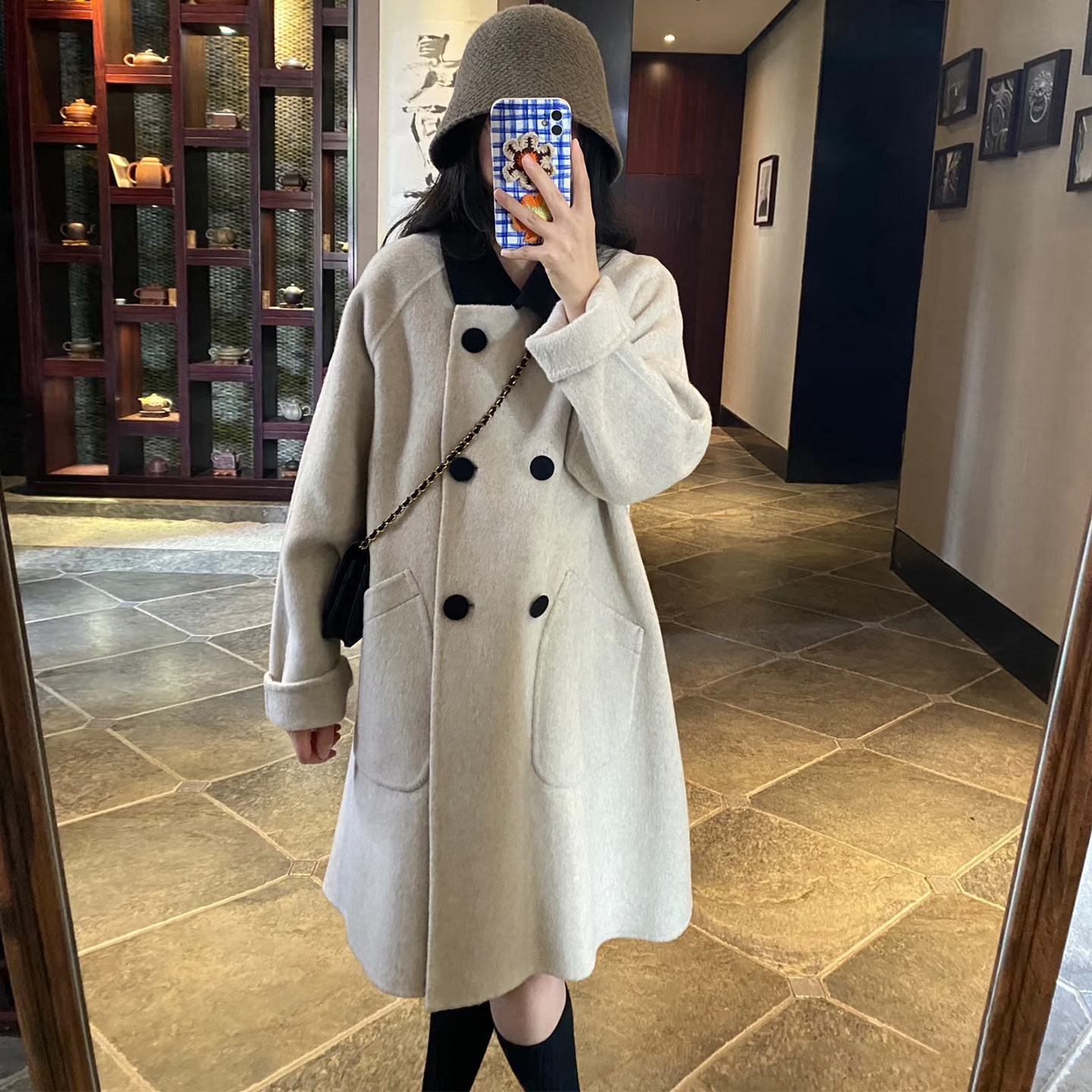 学院风撞色领双排扣毛呢外套韩版