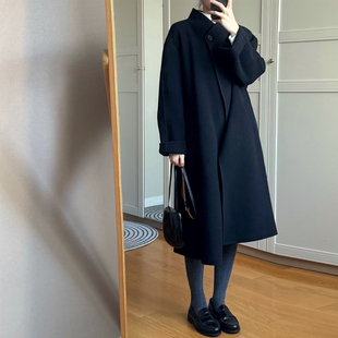 极简风黑色毛呢外套女小个子中长款一粒扣立领宽松系带赫本风大衣