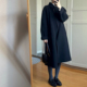 极简风黑色毛呢外套女小个子中长款 一粒扣立领宽松系带赫本风大衣