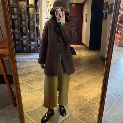 棕色毛呢大衣中长款小个子外套