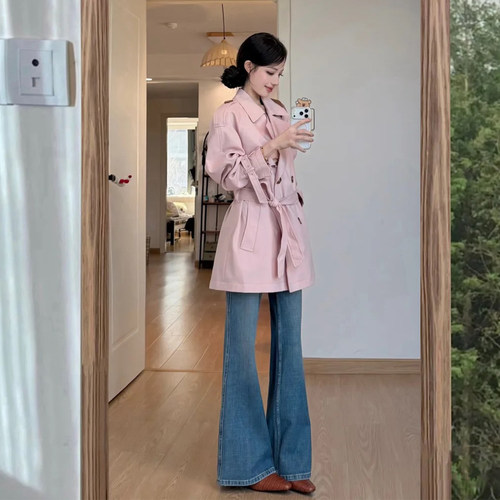 小个子双排扣收腰中长风衣外套女
