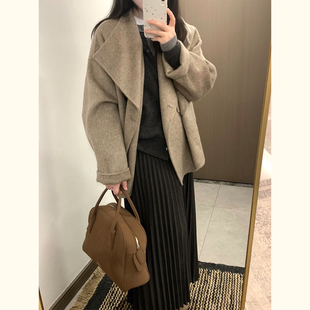 韩版极简风大翻领咖色毛呢外套女小个子中长款气质高级感呢子大衣