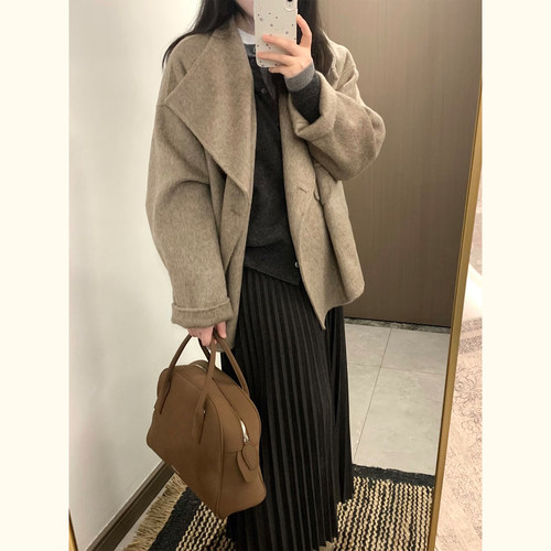 韩版咖色大翻领小个子毛呢大衣