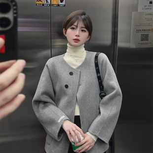 轻熟简约风灰色短款毛呢外套女单排扣宽松显瘦高级感呢子大衣