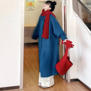 蓝色呢子大衣女小个子中长款单排扣宽松高级感毛呢外套秋冬装新款