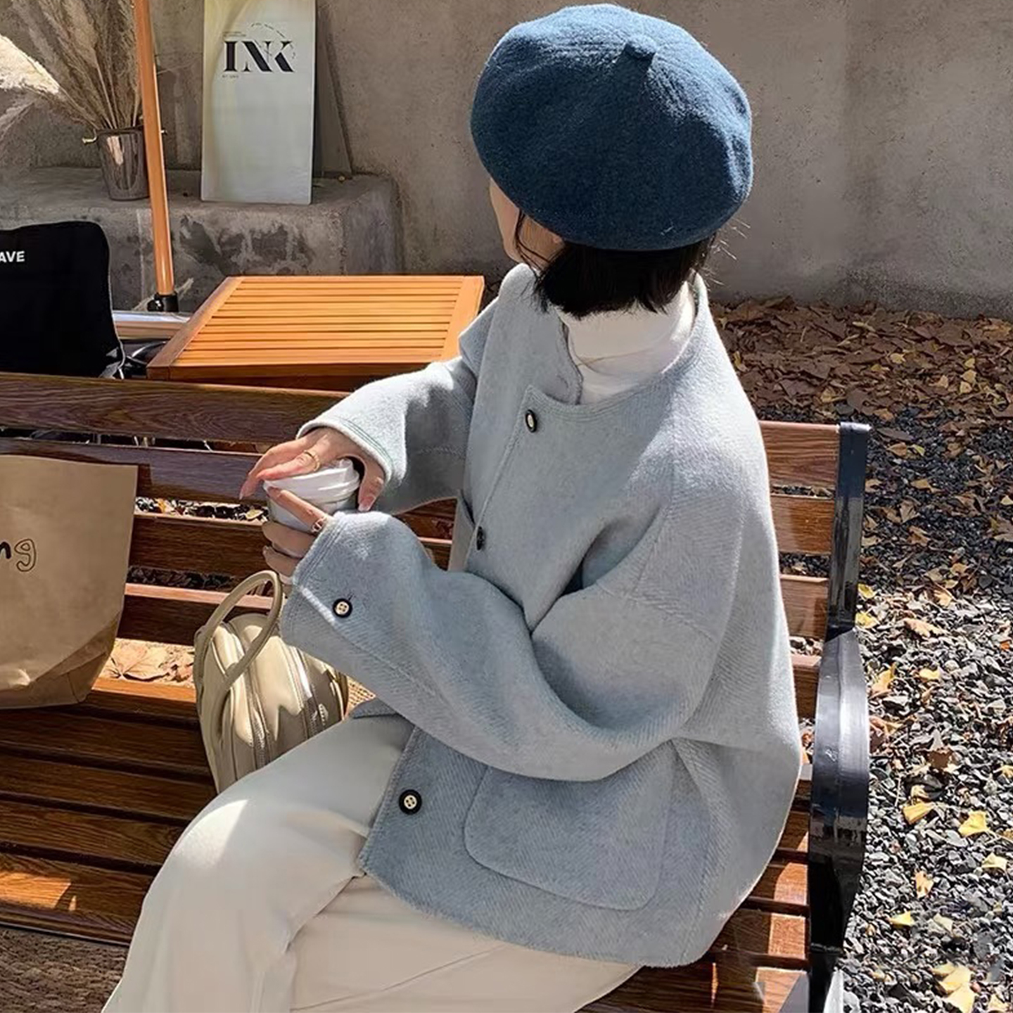 韩式简约风单排扣短款毛呢外套