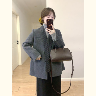 灰色单排扣西装毛呢外套女中长款无领呢子大衣设计感质感通勤西服